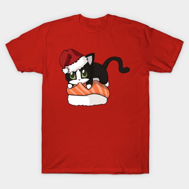 Tuxedo Cat Salmon Sushi Christmas T-Shirt by Myanko